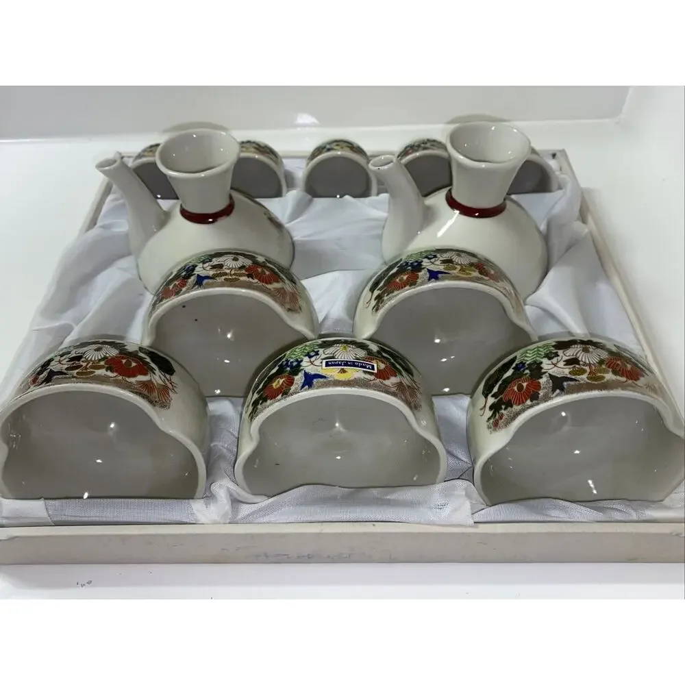 VTG Japan Sake Tea Set Cups 12 Pc‎ Beautiful Flower Design Yokohama Hand Painted